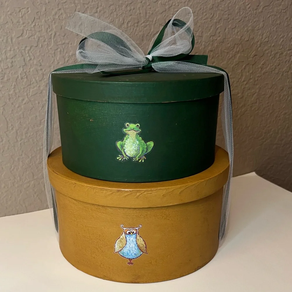 Home Decorative Owl and Frog Storage Boxes Set of 2 with Ribbon New